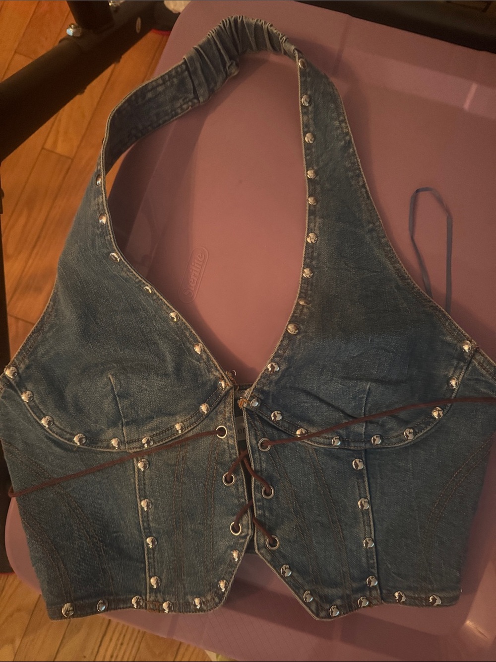 Windsor Blue Denim Studded Lace-Up Crop Top